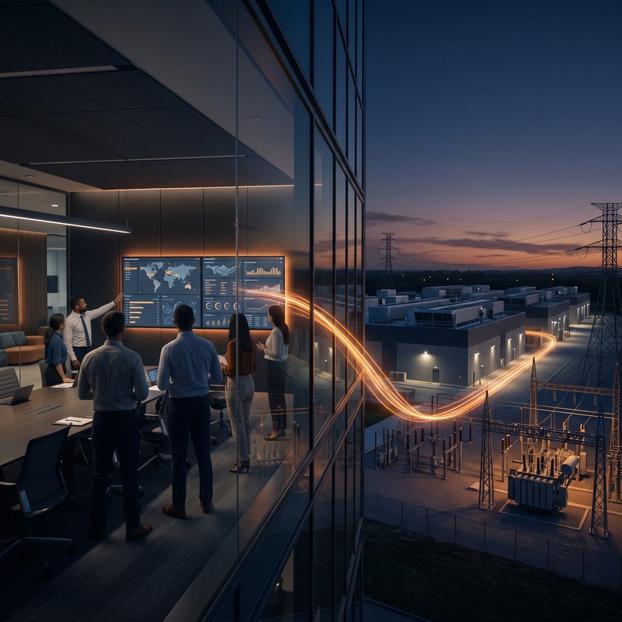 Team reviewing enterprise dashboards, connected to a data center campus and substation outside